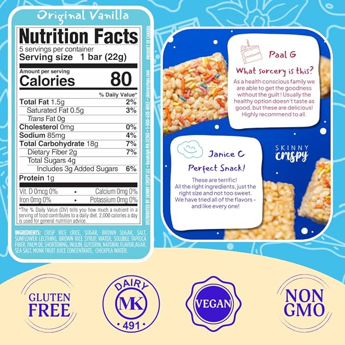 Skinny Crispy Original Vanilla Rice Treats – Low Sugar (4g), Vegan, Gluten-Free, Dairy-Free, Non-GMO, Top 9 Allergen-Free, Healthy Snack Bars, 18 Count