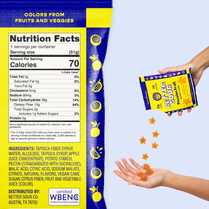 Better Sour Passion Fruit Gummy Stars Candy Naturally Flavored Plant-Based Low Sugar 2g/70 cal per 1.8oz Bag Healthy Sour Gummy Candy Healthy Treats (Pack of 10)
