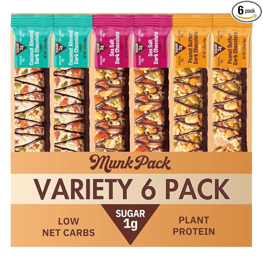 Munk Pack Peanut Butter Dark Chocolate Nut & Seed Snack Bars | 5g Protein, 1g Sugar - Gluten-Free, Low Sugar, Plant-Based - Coconut Almond, Variety Pack, Sea Salt Snacks | 6 Count