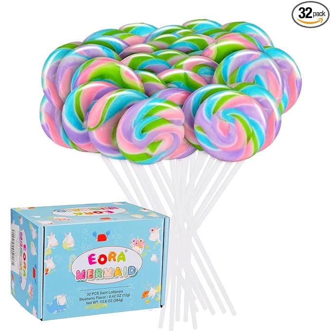 Rainbow Twisty & Swirl Lollipops 32pk, Mermaid Lollipops Candy Individually Wrapped Bulk, Unicorn Candy Swirl Lollipop Suckers, Unicorn Birthday, Blueberry Flavor