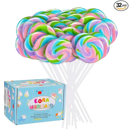 Rainbow Twisty & Swirl Lollipops 32pk, Mermaid Lollipops Candy Individually Wrapped Bulk, Unicorn Candy Swirl Lollipop Suckers, Unicorn Birthday, Blueberry Flavor