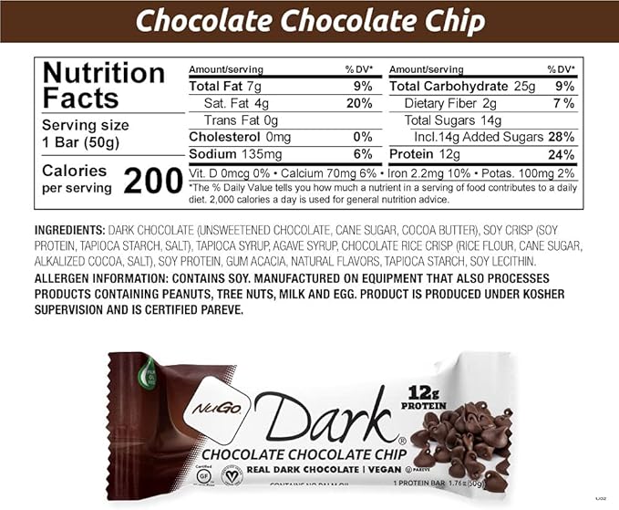 NuGo Dark Chocolate Chip, 12g Protein Bar, Vegan, Gluten Free, Kosher Pareve, 12 Count