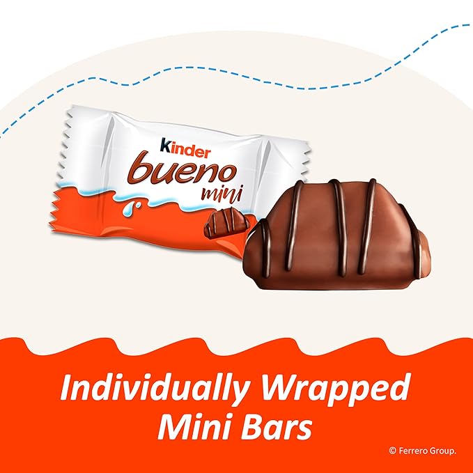 Kinder Bueno Mini, 125 Count Party Pack, Milk Chocolate and Hazelnut Cream, Individually Wrapped Chocolate Bars, 23.8 oz