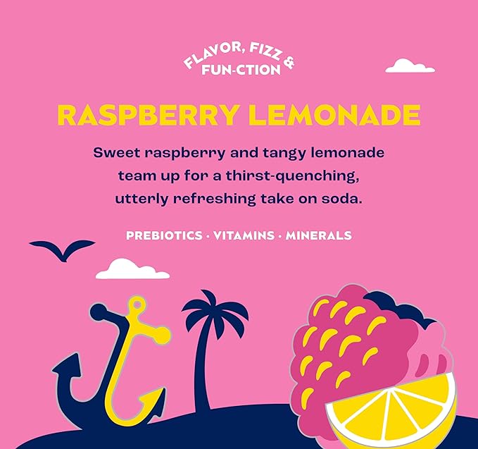 SunSip Prebiotic Soda With Benefits - Gut-Healthy Beverage with Vitamins and Minerals, 25 Calories, Soda Alternative, Naturally Sweetened with 5g of Sugar, 11.5 oz (12 Pack) Raspberry Lemonade