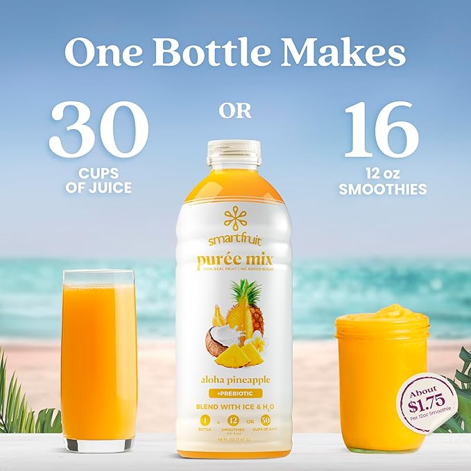 Smartfruit Aloha Pineapple + Prebiotic – 100% Real Fruit Purée with Pineapple, Banana, Apple & Coconut – Great for Smoothies, Juice, Yogurt, Cocktails, Teas – High in Vitamin A – 48oz