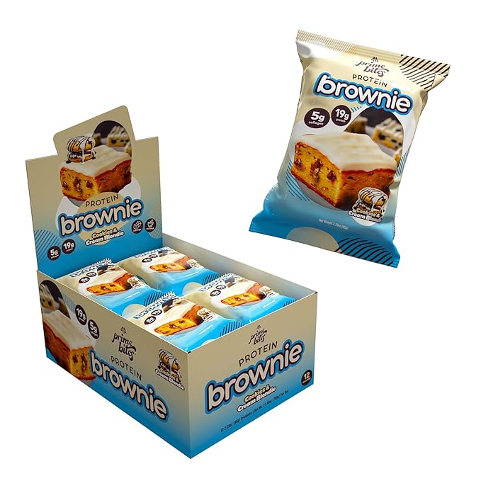 Prime Bites High Protein Brownie (12 Per Box, Cookies & Cream Blondie) - 19g of Protein, 5g of Collagen, Gluten Free, Low Sugar Treat, Delicious Protein Snack