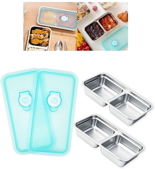 2pcs Grab and Go Snack Containers Stainless Steel, Reusable Snack Condiment Containers with Lids, Double Compartment Food Lunch Meal Container Prep for Travel, Small Packs Container