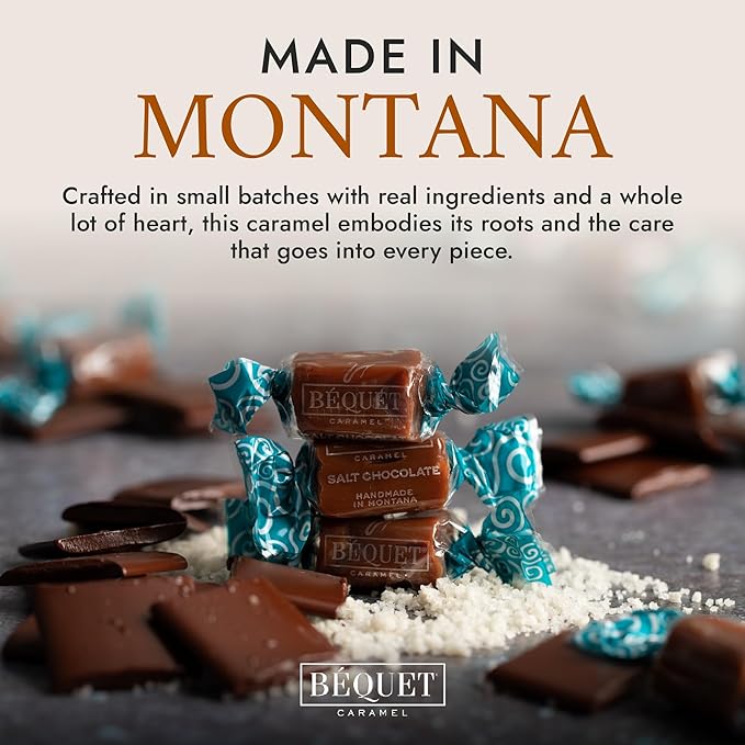 Béquet Caramel - Salt Chocolate Caramel - Caramel Candy Individually Wrapped - Gourmet Caramel Candy - Made in Montana - Kosher (Star-D) and Gluten Free - 24oz Resealable Pouch