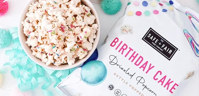 Safe + Fair Birthday Cake Drizzled Popcorn - Gluten-Free, Dairy Free and Vegan Snack - Free From Top 9 Allergens and Artificial Ingredients – Non GMO, Plant Based Kettle Popped Corn, 5.5 oz