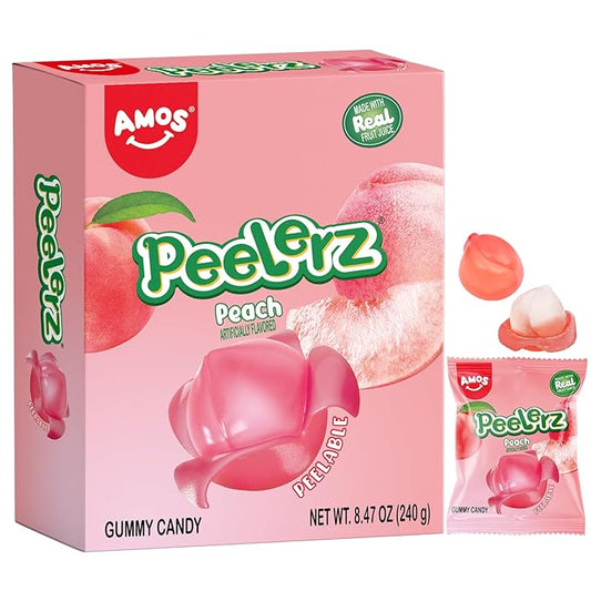 AMOS Peelerz Gummy Peach Candy, Peelable Fruit-Shaped Candy, 8.47oz Box with 10 Individual Packs – Fun Peeling Gummy Snack Made with Real Juice