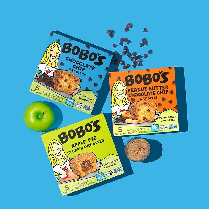 Bobo's Oat Bites, Peanut Butter Chocolate Chip, 1.3 oz Bites (30 Pack Box), Gluten Free Whole Grain Snack, Vegan On-The-Go