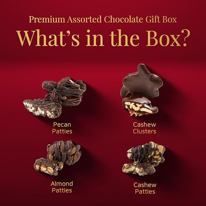 Nut Clusters Chocolate Gift Red Box - Assorted Variety of Caramel Brittles, Pecan Patties, Almond, Cashew Clusters, Kosher - Dairy Free Nuts and Chocolate Gift Basket - Holiday Chocolate Covered Nuts Assortment for Corporate Gifting