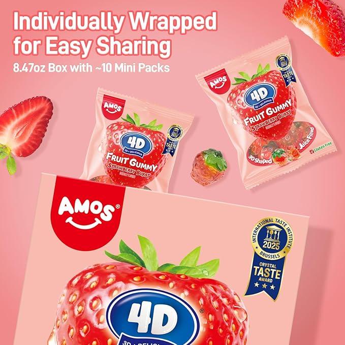 AMOS 4D Gummy Candy Strawberry Burst Candy– Fruity, Jelly-Filled, Natural Flavor – 240g Box (Pack of 10)