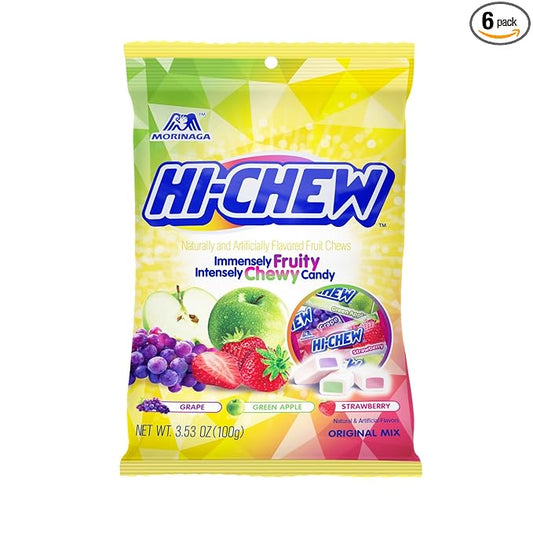 HI-CHEW Original Mix, 6 Bags, 3.53oz each - Strawberry Green Apple Grape - Unique Fun Soft & Chewy Candy - Immensely Juicy Fruity Candy Flavors - Individually Wrapped for Sharing