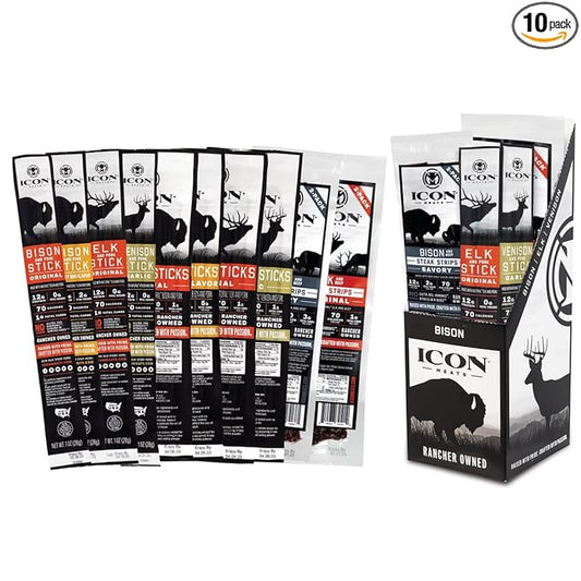 ICON Meats Meat Stick and Steak Strip Sampler Gift Box, 10 High Protein Snacks, Assorted Bison, Elk, Venison, Beef & Pork Jerky Sticks & Strips, Gluten Free, Low Sugar, Gifts & Stocking Stuffers