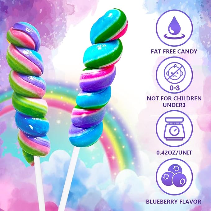 Rainbow Twisty & Swirl Lollipops 20pk, Mermaid Candy Individually Wrapped Bulk, Unicorn Candy Twist Lollipop Suckers, Unicorn Birthday, Blueberry Flavor