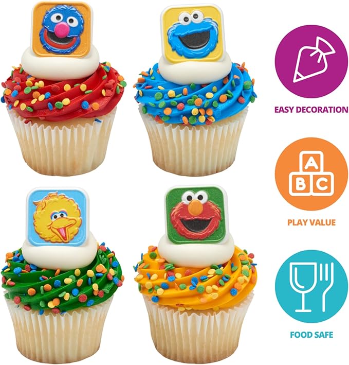Sesame Street Rings, 24 Cupcake Toppers Featuring Elmo, Big Bird, Cookie Monster, Grover, Bright Colorful Cupcake Decorations, Food Safe - 24 Pack