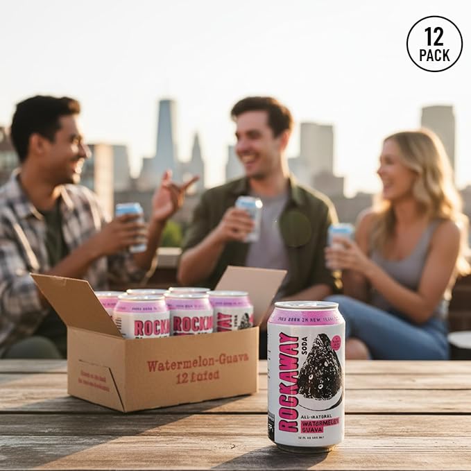 ROCKAWAY Watermelon Guava Soda Drinks - Low calorie drinks made from Real Fruit Juice, All Natural - Soda Pop Drinks Gluten Free, Vegan, GMO Free - 12oz (12 Pack)