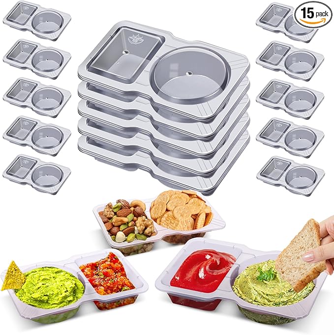 15 Sets Snack Containers, Reusable Double 2 Compartment Condiment with lids for Sauces Dipping,Disposable and Ideal On the Go Or Grab to Pack