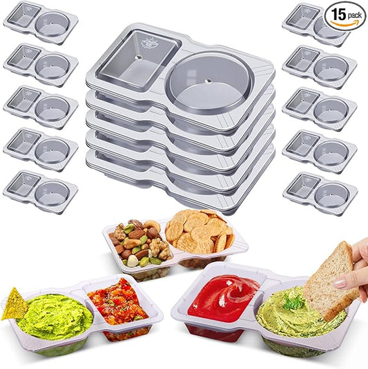 15 Sets Snack Containers, Reusable Double 2 Compartment Condiment with lids for Sauces Dipping,Disposable and Ideal On the Go Or Grab to Pack