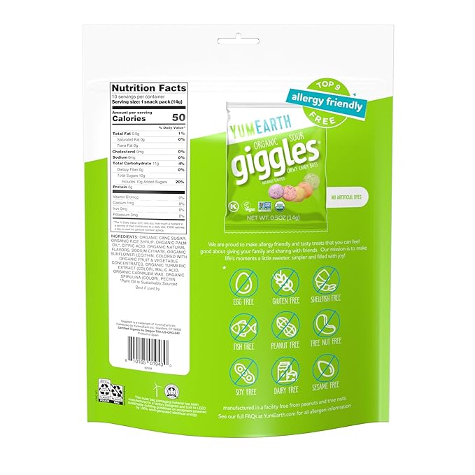 YumEarth Organic Sour Giggles Chewy Candy – Allergy Friendly, No Artificial Dyes, Non GMO, Gluten Free, Sour Fruit Flavored, Vegan Candy Snacks 0.5 oz (Pack of 120)