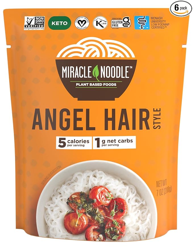 Miracle Noodle Ready to Eat Angel Hair Pasta, 7 Oz (Pack of 6), Plant Based Shirataki Konjac Noodles, 5 Calories, 1g Net Carbs Per Serving, Keto, Gluten-Free