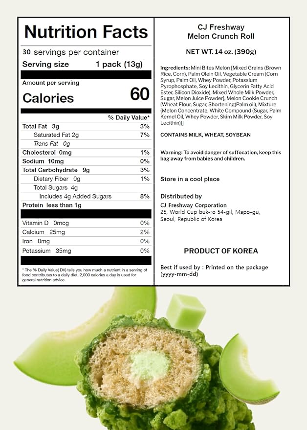 Korean Food CJ Freshway Melon Crunch Roll Snack 10.6 oz (30 Individually Wrapped Pieces) – Crispy Korean Grain Roll with Sweet Melon Cream Filling