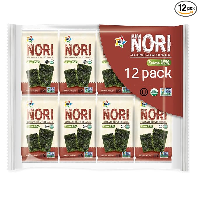 KIMNORI Seasoned Seaweed Snacks Sheets – Organic Korean BBQ Flavor, 12 Individual Packs, Roasted Crispy Premium 100% Natural Laver Kim Nori, 4g 0.14 Ounce