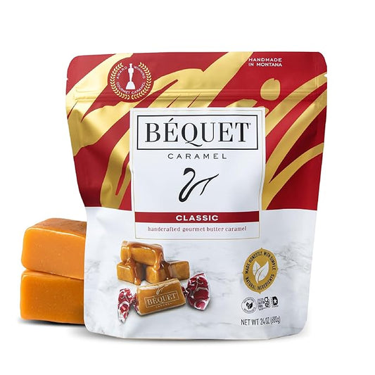 Béquet Classic Caramels – Soft, Individually Wrapped Gourmet Caramel Candy, Gluten‑Free & Kosher – 24 oz Resealable Pouch