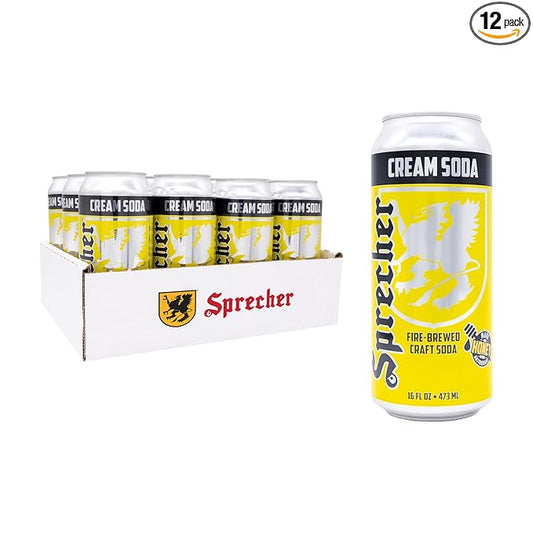 Sprecher Cream Soda Soda in 16 fl oz Cans (12 Pack), Fire-Brewed with Real Honey, Rich Vanilla Honey Flavor, Handcrafted, Caffeine-Free Gourmet Beverage