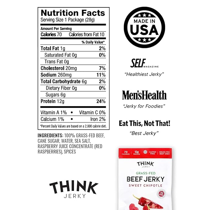 Think Jerky Sweet Chipotle Beef Jerky, Grass-Fed High Protein Beef, Gluten Free, No Antibiotics or Nitrates, Healthy Chef Crafted Recipe, Low Calorie and Low Fat - 1.0 oz Bags, 12 Pack