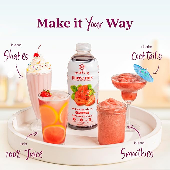 Smartfruit Summer Strawberry + Antioxidants – 100% Real Fruit Purée with Strawberries, Apple & Pineapple – Great for Smoothies, Juice, Yogurt, Cocktails, Teas & More – 48oz