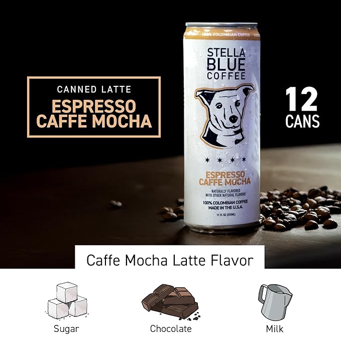 Stella Blue Espresso Caffe Mocha Cans, Ready-to-Drink Coffee Energy Beverage, 100% Colombian Coffee, 190mg Natural Caffeine, Gluten Free & Good Source of Protein, 11oz Can, 12 Pack