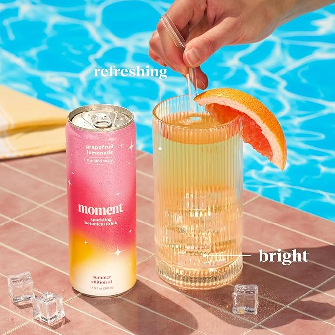 Moment Botanical Soda Soft Drink (Shark Tank) - SPARKLING Non Alcoholic Drinks | L-Theanine & Ashwagandha for Calm & Clarity | 0 Added Sugar 0 Caffeine | Grapefruit Lemonade |12-pack