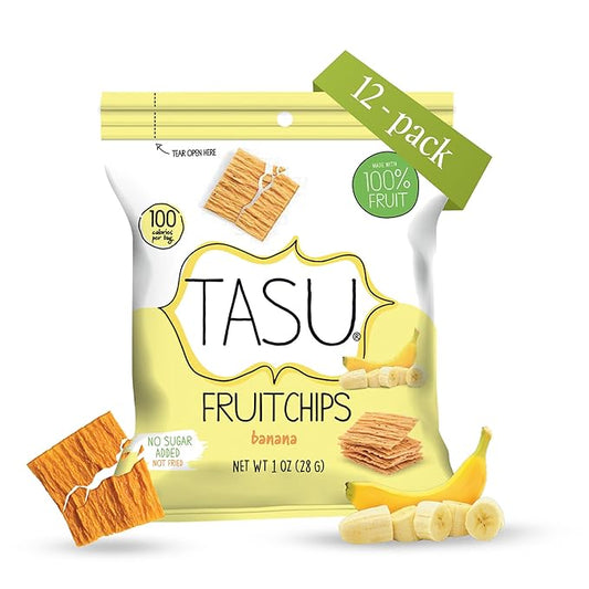 TASU Banana Dried Fruit Chips - 100% Natural, Crispy, Crunchy, and Allergen-Free Healthy Snacks for Kids & Adults, Vegan, Gluten-Free, No Added Sugar, No Oils Added, Perfect for Lunch Bags and On-the-Go Snacks| 12 Pack (1 Oz Each)