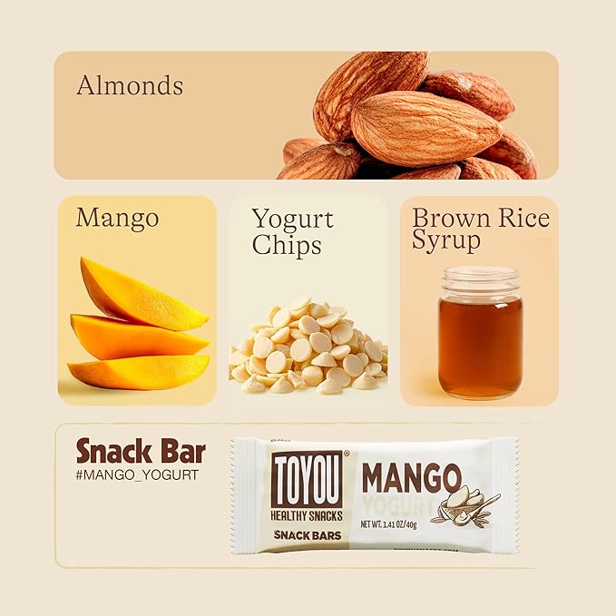 ToYou Gluten Free Chewy Fruit and Nut Bars - Healthy Protein Snacks | Mango Yogurt - 1.41 Ounce (Pack of 12) | Soft Chewy, Fiber-Packed Granola Bars for Adults and Kids, Made with Natural Ingredients