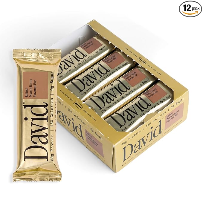 David High Protein Bars No Sugar - Sugar Free Protein Bars, Low Carb, Gluten Free - 28g of Protein, 150 Calories - David Bar On-The-Go Snack - Salted Peanut Butter Flavor, Pack of 12