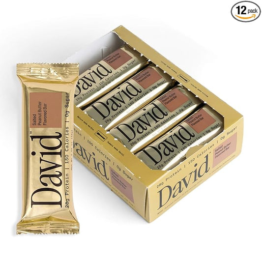 David High Protein Bars No Sugar - Sugar Free Protein Bars, Low Carb, Gluten Free - 28g of Protein, 150 Calories - David Bar On-The-Go Snack - Salted Peanut Butter Flavor, Pack of 12
