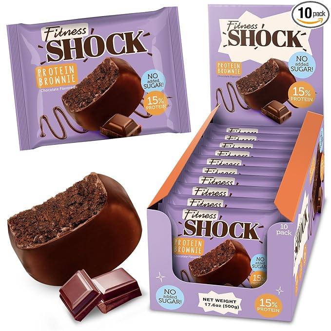 FitnesSHOCK Chocolate Brownie without Added Sugar, 15% Protein, satiating dietary fibre, Soft Texture, 10 Pieces, 50g