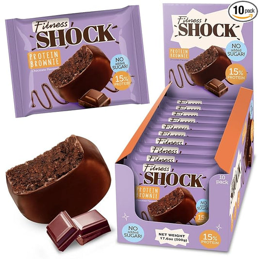 FitnesSHOCK Chocolate Brownie without Added Sugar, 15% Protein, satiating dietary fibre, Soft Texture, 10 Pieces, 50g