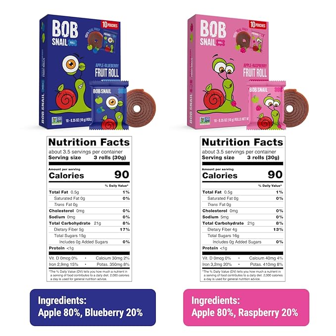 Bob Snail Fruit Roll Ups – 50 Natural Fruit Snacks (Blueberry & Raspberry), Vegan, No Added Sugar, Healthy On-the-Go Pack, 500g