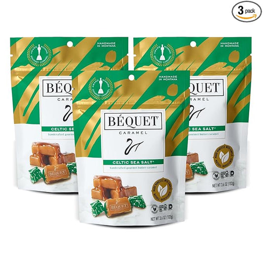 Béquet Caramel - Celtic Sea Salt Caramel - Gourmet Caramel Candy - Salted Caramel Candy Individually Wrapped - Made in Montana - Kosher (Star D) and Gluten Free - Three 3.6 Ounce Pouches