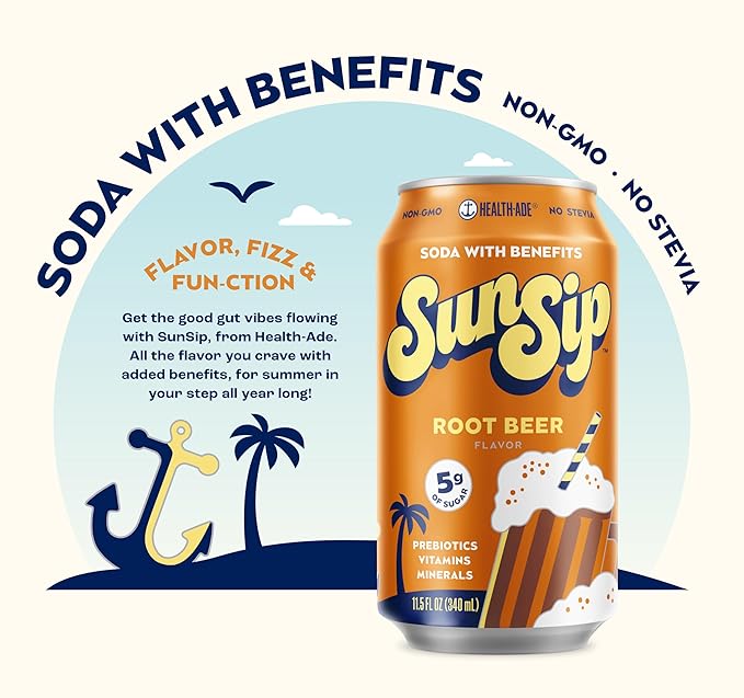 SunSip Prebiotic Soda With Benefits - Gut-Healthy Beverage with Vitamins and Minerals, 35 Calories, Soda Alternative, Naturally Sweetened with 5g of Sugar, 11.5 oz (12 Pack) Root Beer