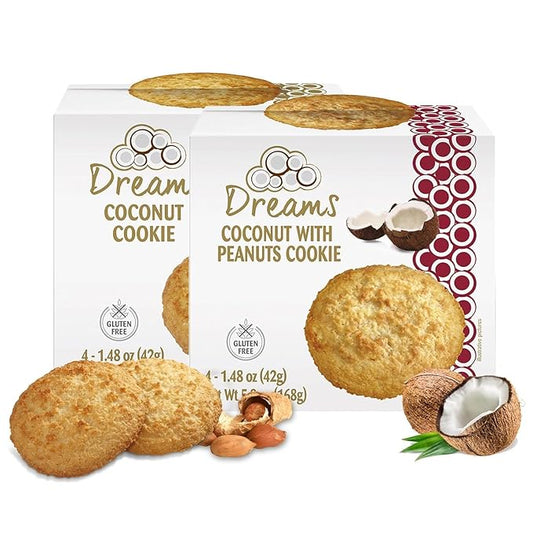 Dreams Coconut Cookies – 2 Boxes (8 Cookies) | Plain Coconut & Peanut Flavors | Gluten-Free, High Fiber, Guilt-Free Healthy Snack | 11.8oz