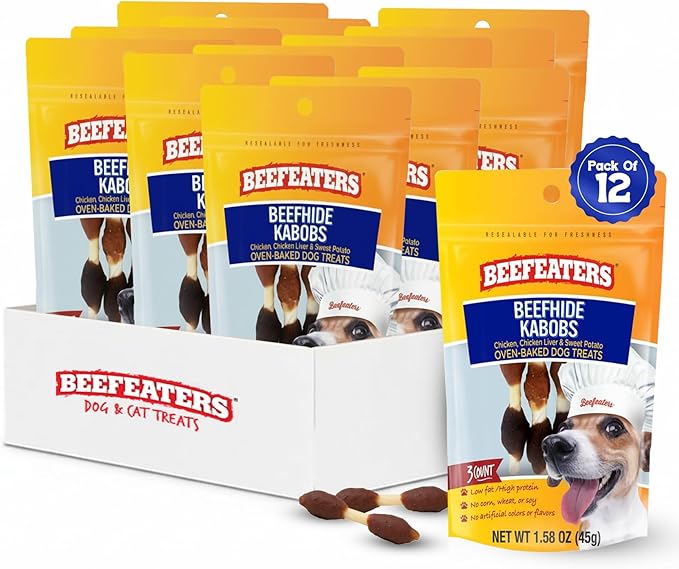 Beefeaters Beefhide 1.58oz (12 Pack) Triple Flavor Kabobs Dog Treats with Real Chicken, Liver & Sweet Potato – Long-Lasting Dog Kabob Treats for Chewing, Dental Support*, Flavor-Packed Treats
