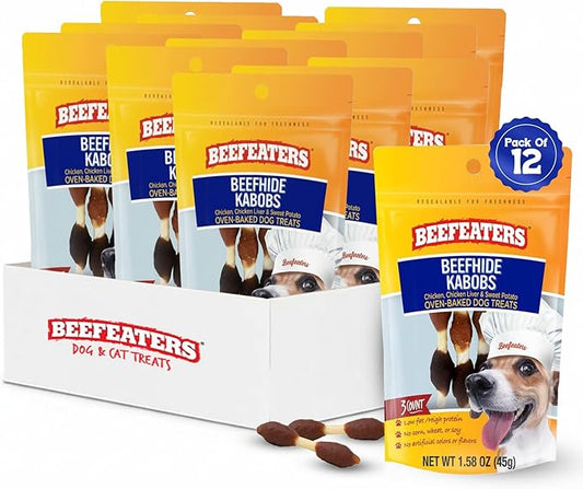 Beefeaters Beefhide 1.58oz (12 Pack) Triple Flavor Kabobs Dog Treats with Real Chicken, Liver & Sweet Potato – Long-Lasting Dog Kabob Treats for Chewing, Dental Support*, Flavor-Packed Treats