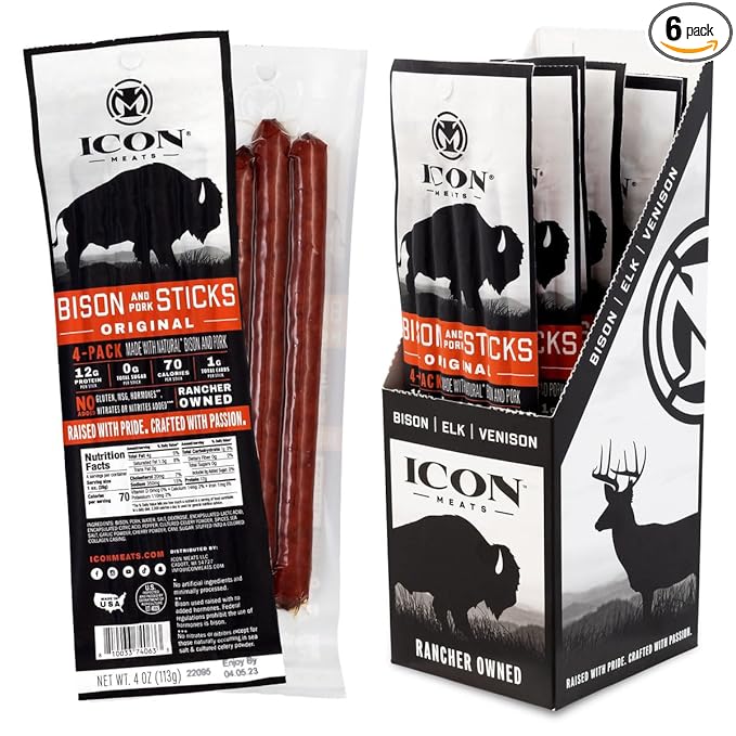 ICON Meats Bison and Pork Snack Sticks, Original, 6 Pack High Protein Snacks, 4 Meat Sticks per Pack, Sugar Free, Gluten Free, Natural, USDA Inspected, Made in USA, Gifts or Stocking Stuffers