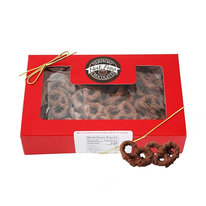 Vermont Nut Free Chocolates Romance Chocolate Covered Pretzels – Nut Free Mini-Twist Pretzels in Milk Chocolate, Valentine’s Day Gift Box (10 oz)
