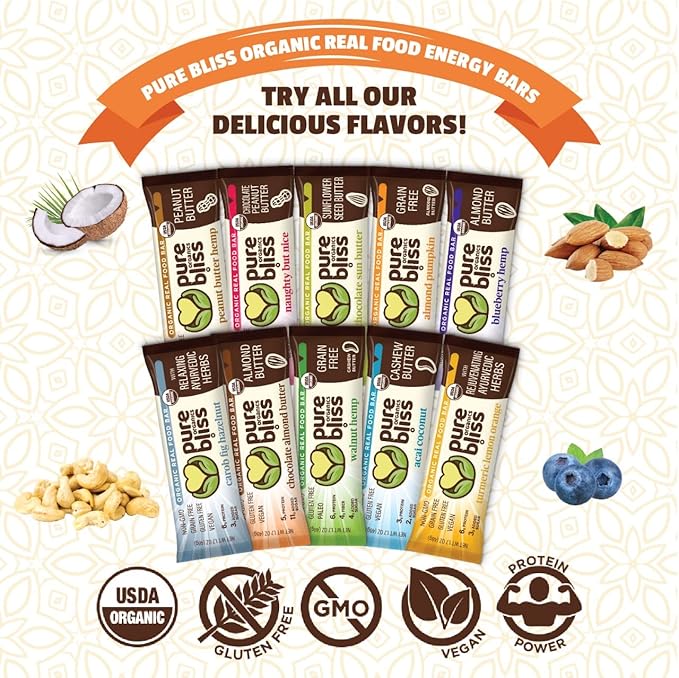 Organic Real Food Bars - Variety Pack (2 of Each Flavor, 12 Bars Total) - USDA Certified Organic, Non-GMO, Gluten Free, Vegan, Energy & Nutrition Bars, Superfood Ingredients, Healthy Snack, Breakfast Bars, Dairy Free, Soy Free - Pure Bliss Organics (1....