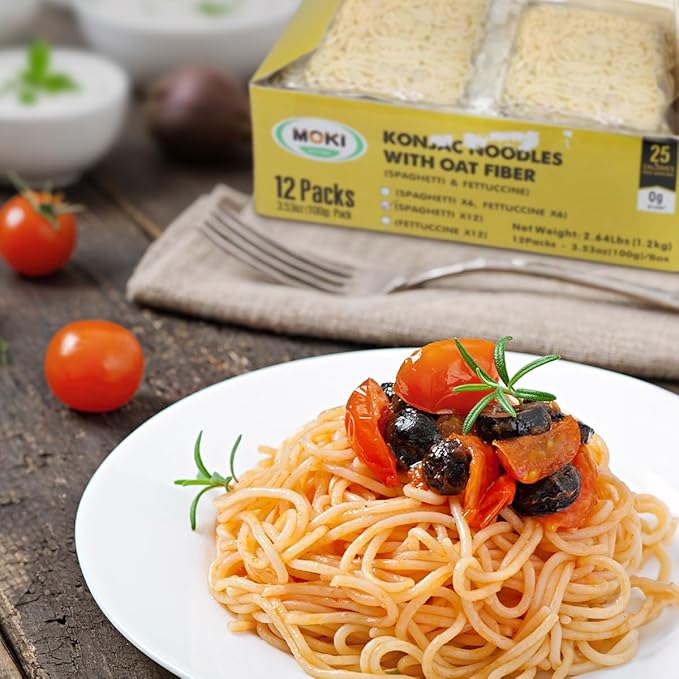 MOKI Since 2005 Konjac Shirataki Noodles with Oat Fiber, Gluten-Free, Keto&Paleo-Friendly, Vegan, Low Carb,Low Calorie Shirataki Pasta, Oat Flavor Spaghetti from Thailand (12 Packs, DWT. 3.53 oz Each)
